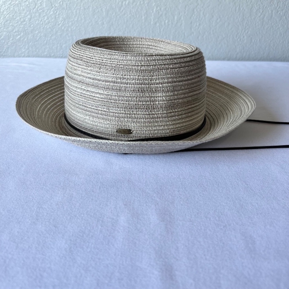 *FIRM PRICE* Scala gray and tan woven hat with leather strap and drawstring inte - Picture 7 of 15
